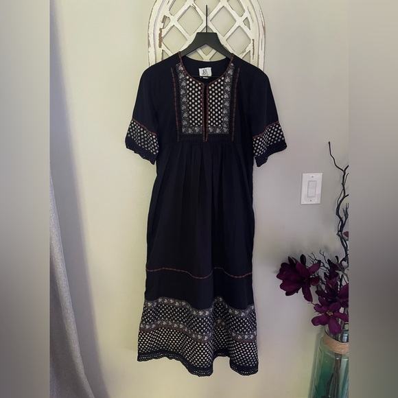 DRA Los Angeles Nash Patterned Lined Maxi Peasant Dress In Black Size XS - Picture 5 of 15